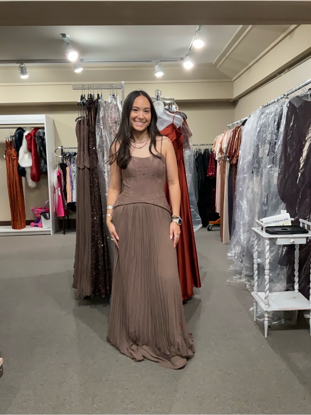 Elegant Brown Pleated Evening Gown